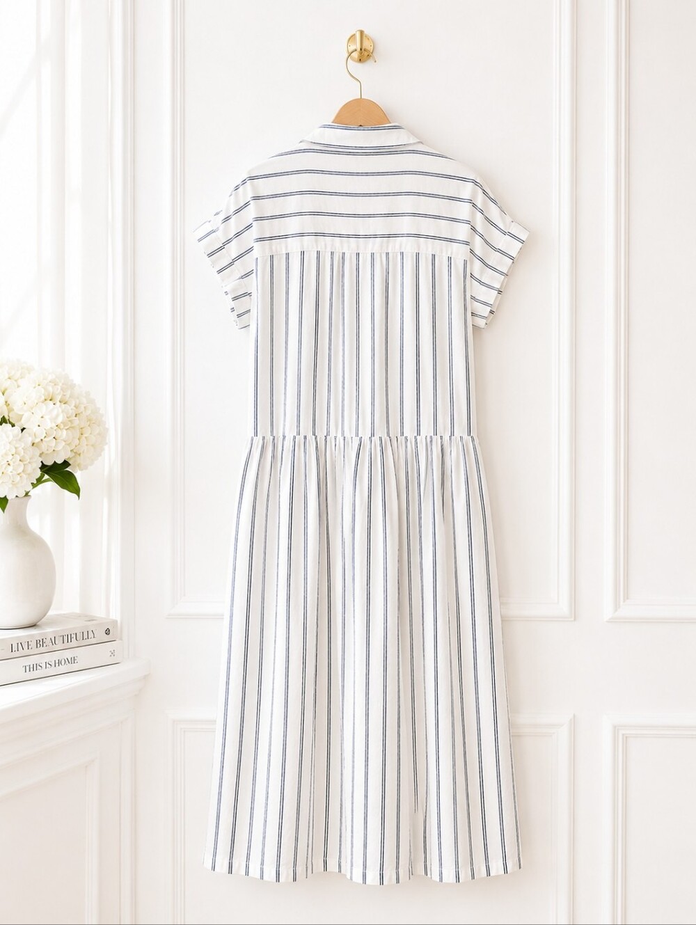 Universal Thread | Blue Pinstripe Linen Blend Drop Waist Midi Dress | Size Small - Picture 6 of 8